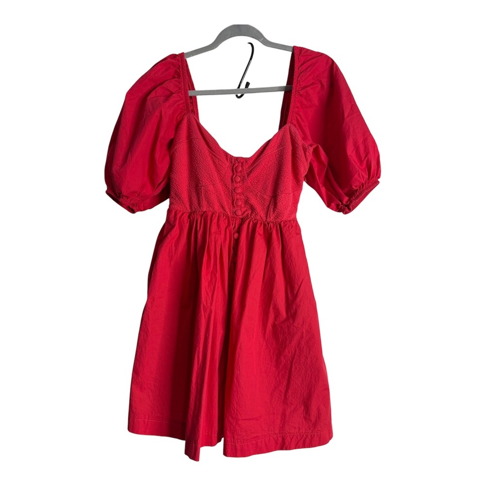 Maeve Anthropologie Red Puff Sleeve Smocked Back Mini Dress XS Sweetheart Neck